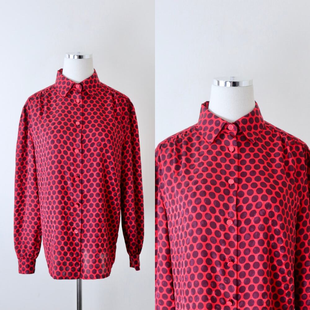 Vintage 1990s Louis Feraud Button Down Blouse Long Sleeve Collared Polka Dot Red